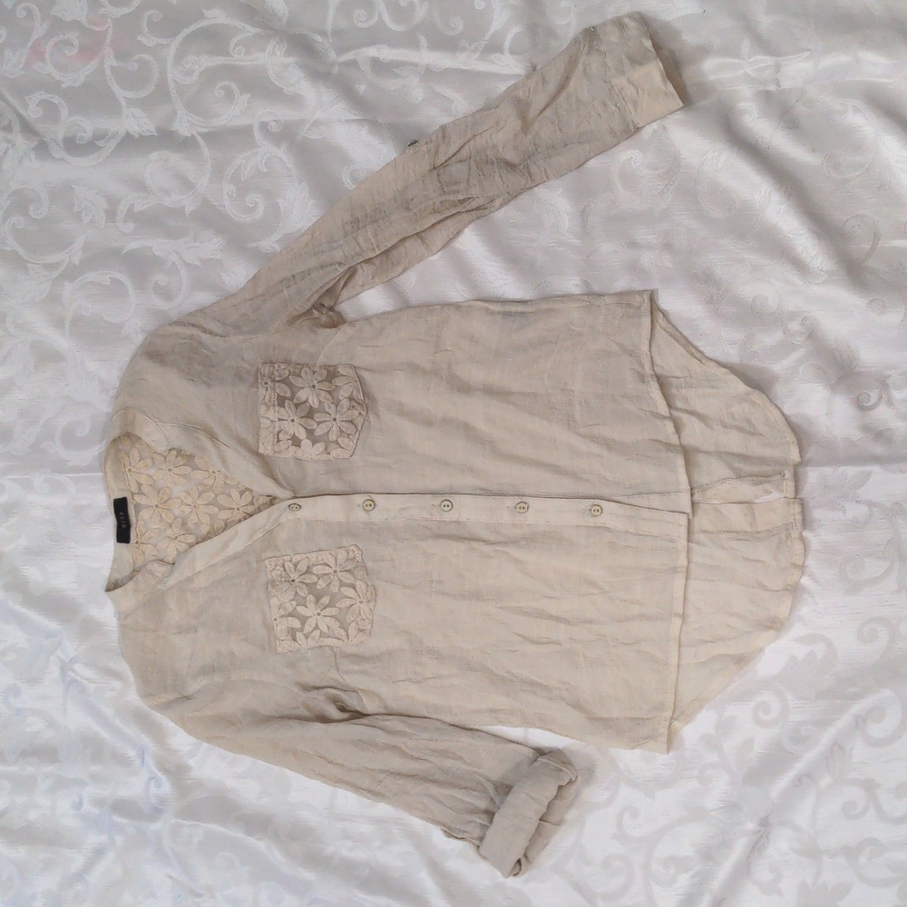 Beige floral crochet pocket detail button up sheer back blouse